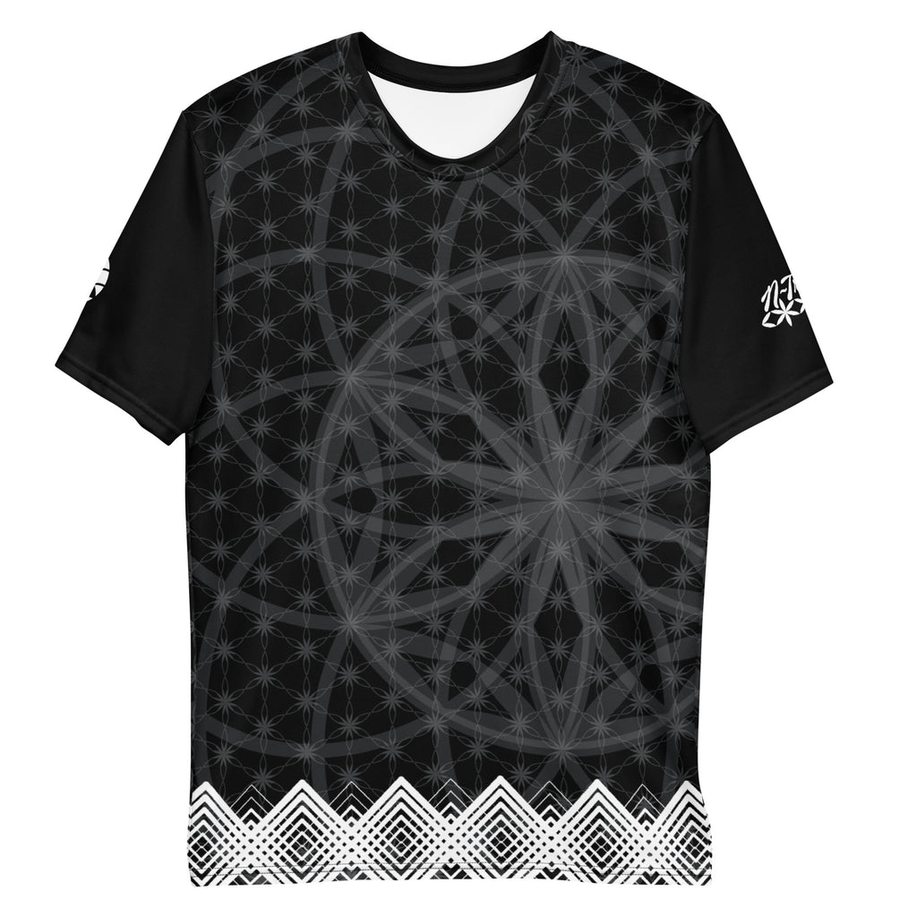 Men’s t-shirt with black sacred geometry print, white diamond trim at hem, and NTrendSic Mystic branding on back and sleeves.