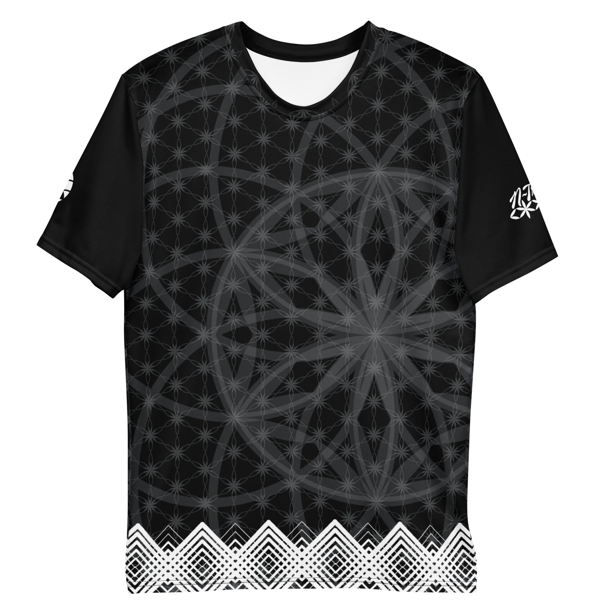 Men’s t-shirt with black sacred geometry print, white diamond trim at hem, and NTrendSic Mystic branding on back and sleeves.