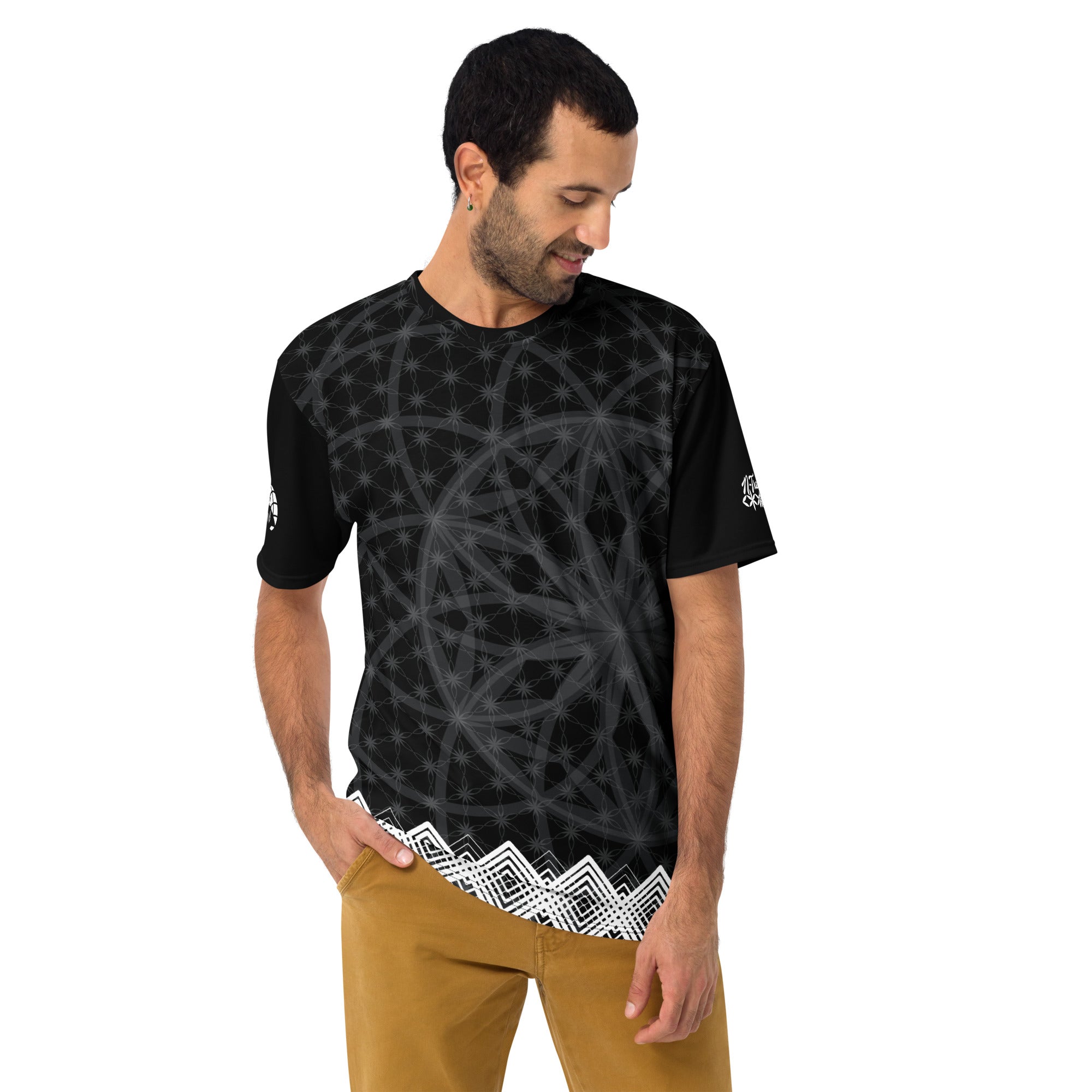 Men’s t-shirt with black sacred geometry print, white diamond trim at hem, and NTrendSic Mystic branding on back and sleeves.