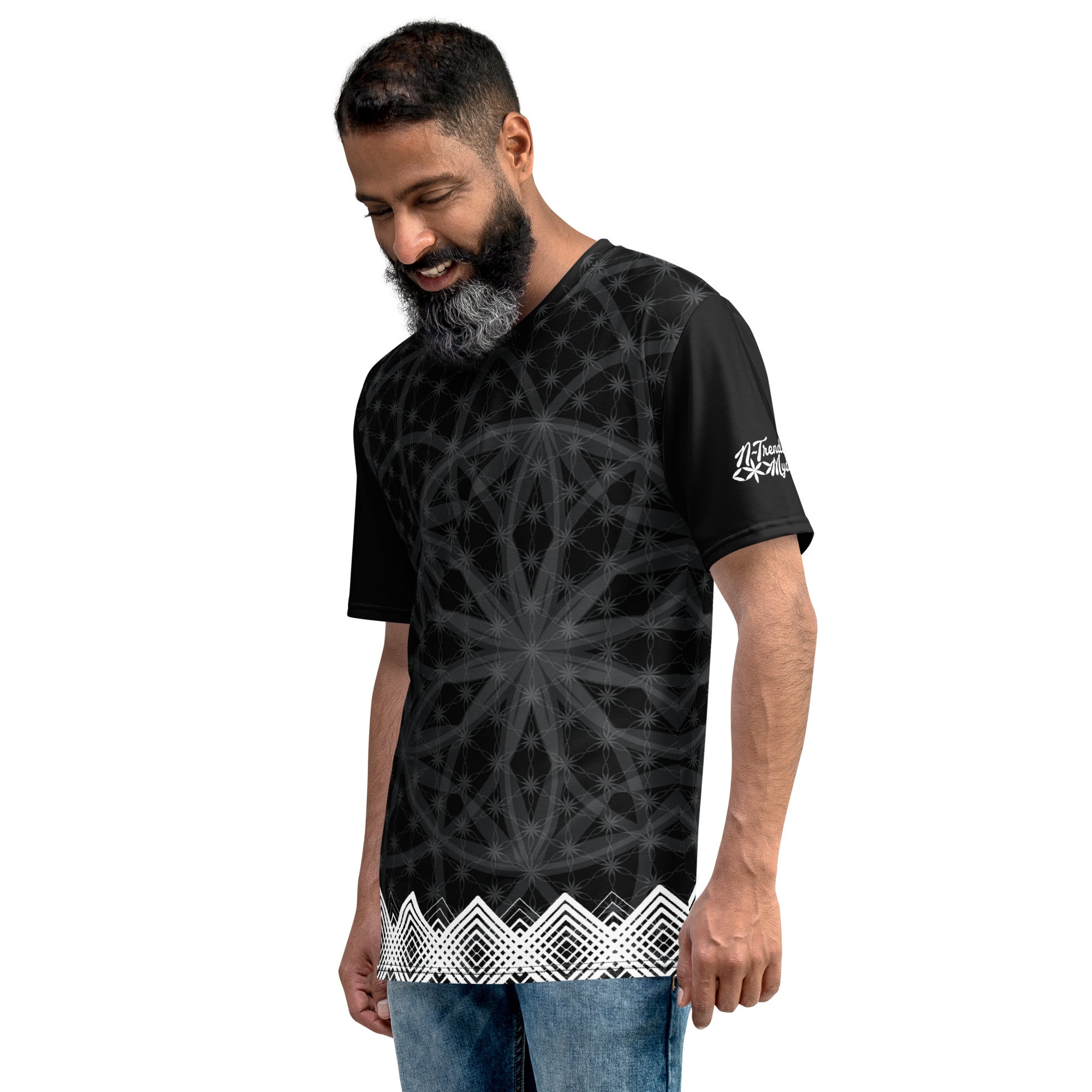 Men’s t-shirt with black sacred geometry print, white diamond trim at hem, and NTrendSic Mystic branding on back and sleeves.