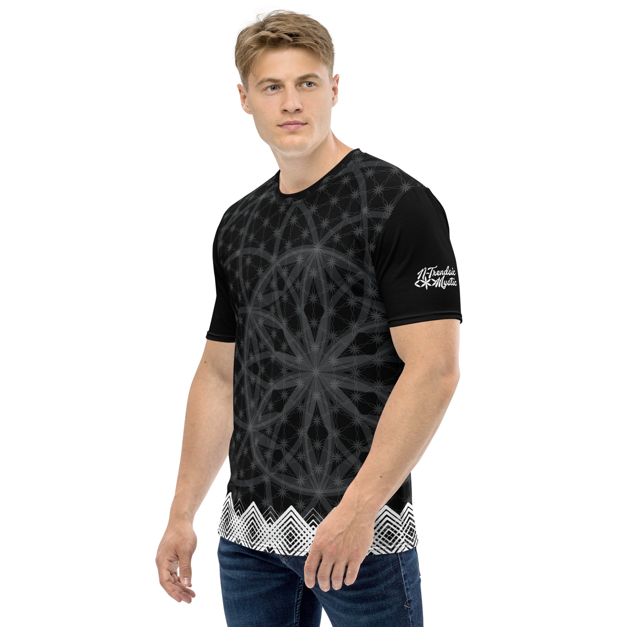 Men’s t-shirt with black sacred geometry print, white diamond trim at hem, and NTrendSic Mystic branding on back and sleeves.