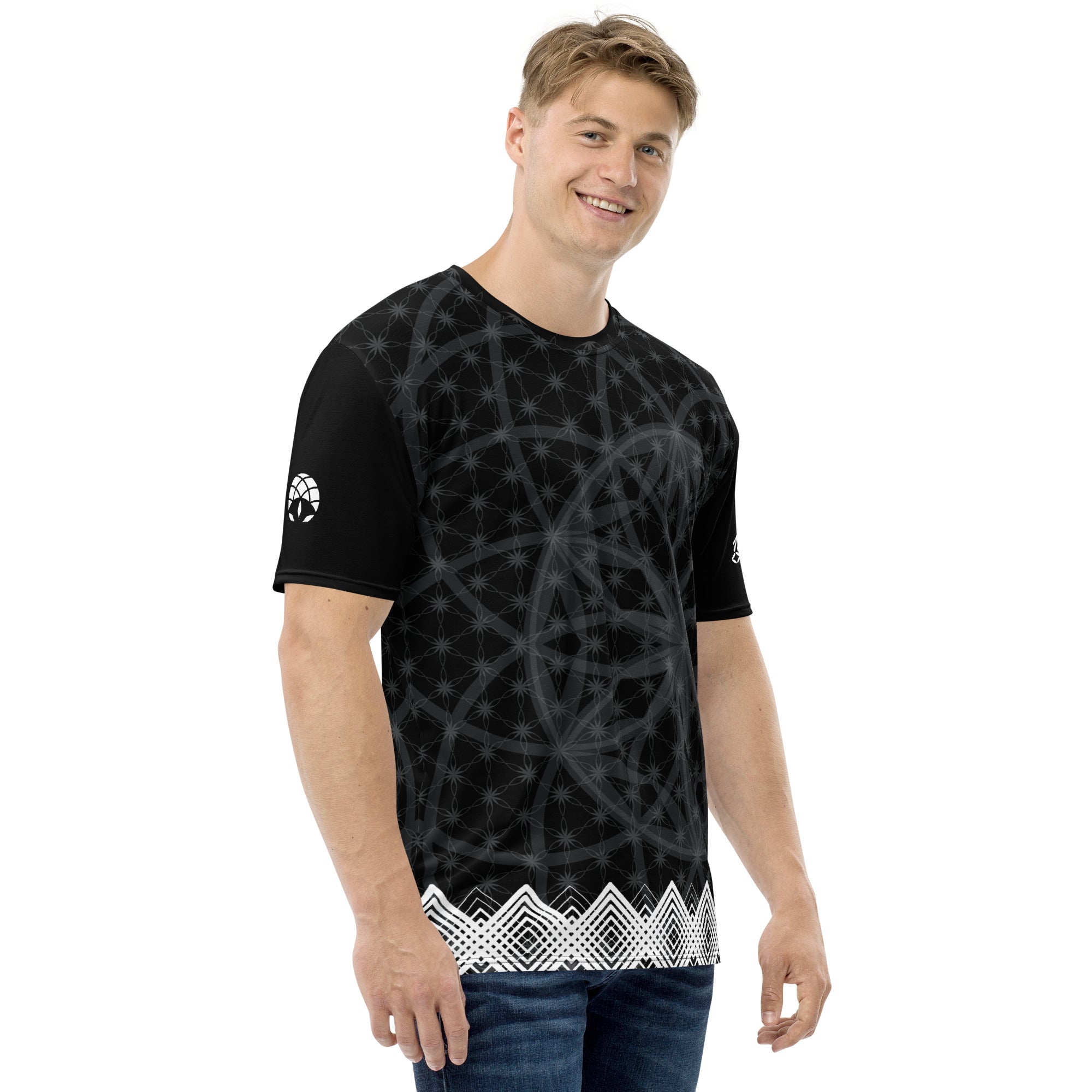 Men’s t-shirt with black sacred geometry print, white diamond trim at hem, and NTrendSic Mystic branding on back and sleeves.