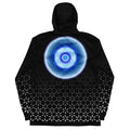 Mystic Mio windbreaker — modern monochrome pattern (front view); Mystic Mio windbreaker — hood up, side zip pocket.