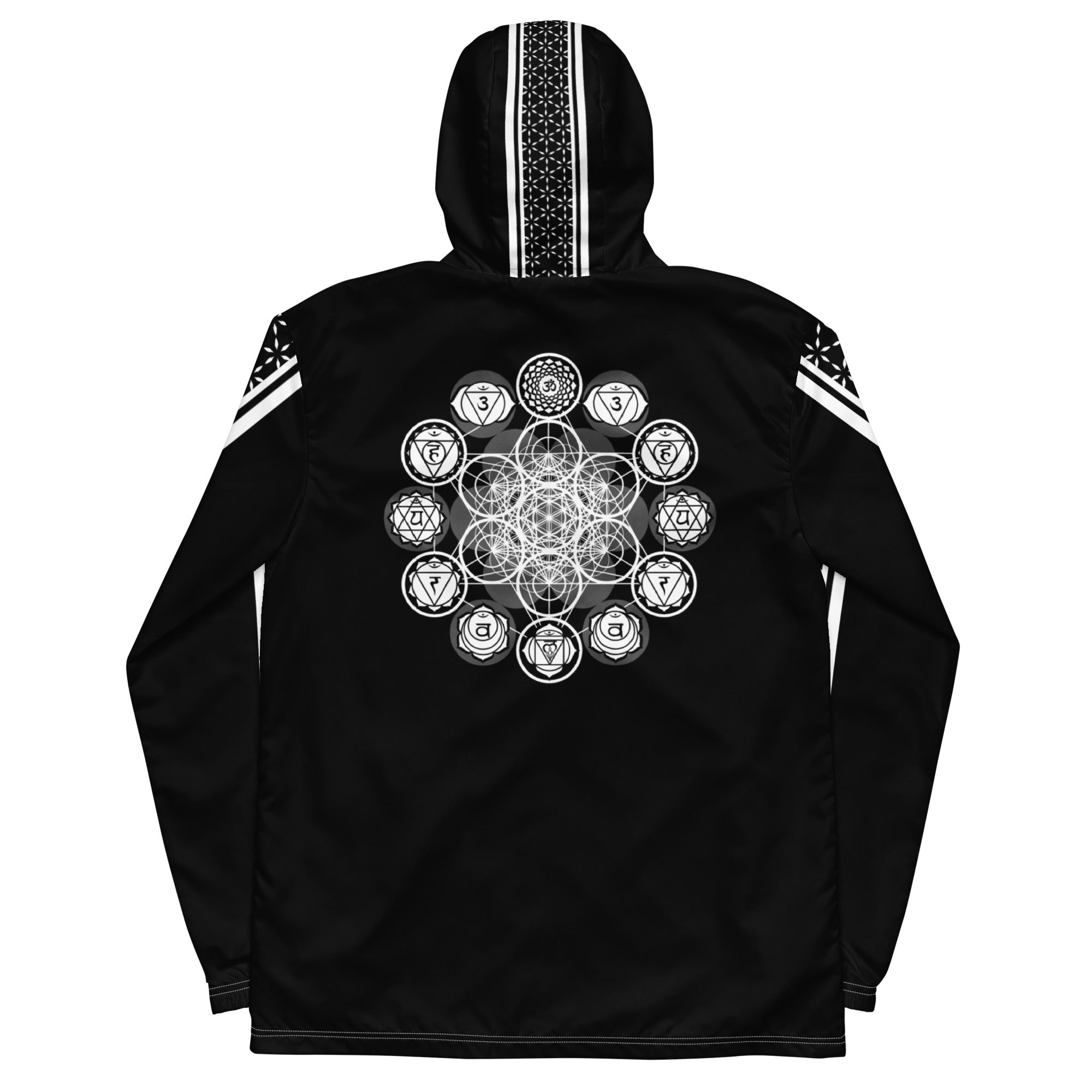 Sacred Stripes windbreaker — black/white stripe front and …back with mystic emblem.