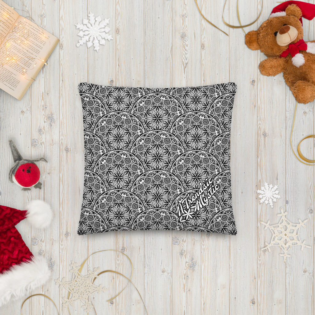 Mystic Eyes premium pillow — repeating sacred geometry mandala pattern with all-seeing eyes in black-and-white