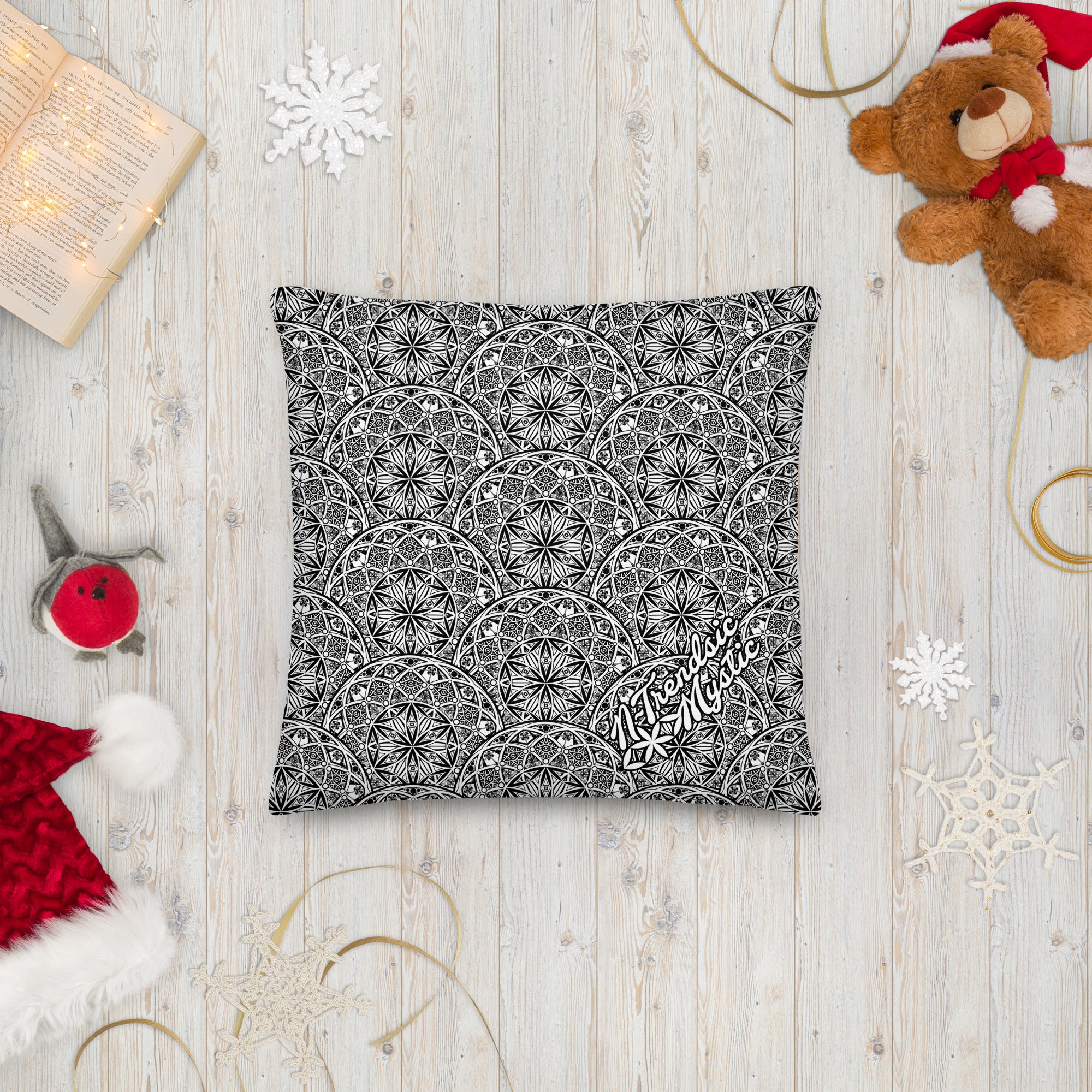 Mystic Eyes premium pillow — repeating sacred geometry mandala pattern with all-seeing eyes in black-and-white