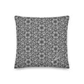 Mystic Eyes premium pillow — repeating sacred geometry mandala pattern with all-seeing eyes in black-and-white