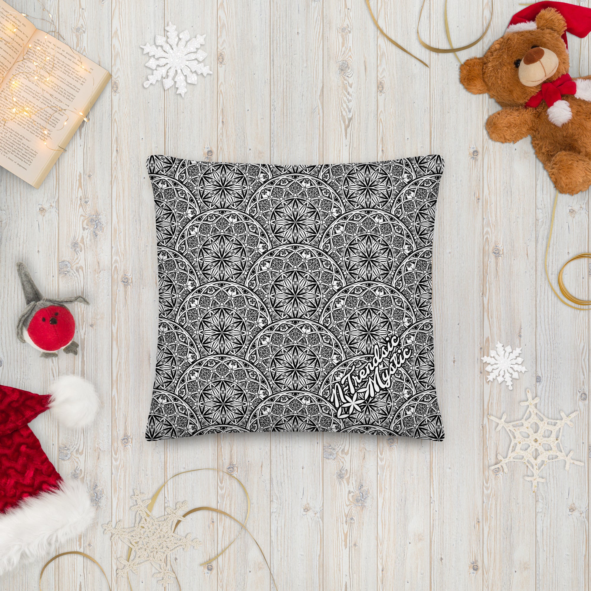 Mystic Eyes premium pillow — repeating sacred geometry mandala pattern with all-seeing eyes in black-and-white