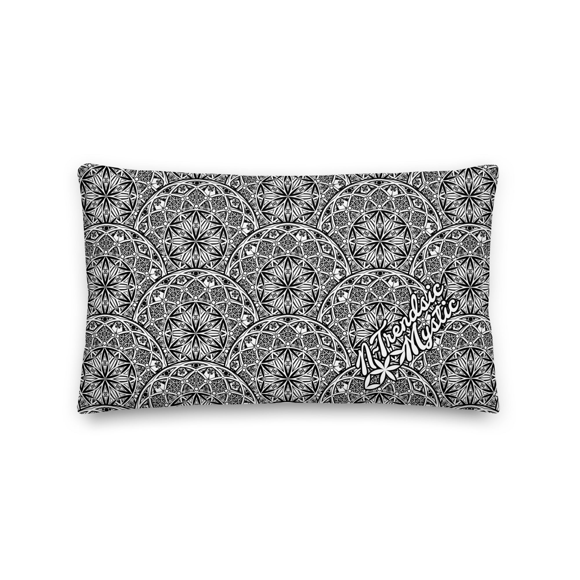 Mystic Eyes premium pillow — repeating sacred geometry mandala pattern with all-seeing eyes in black-and-white