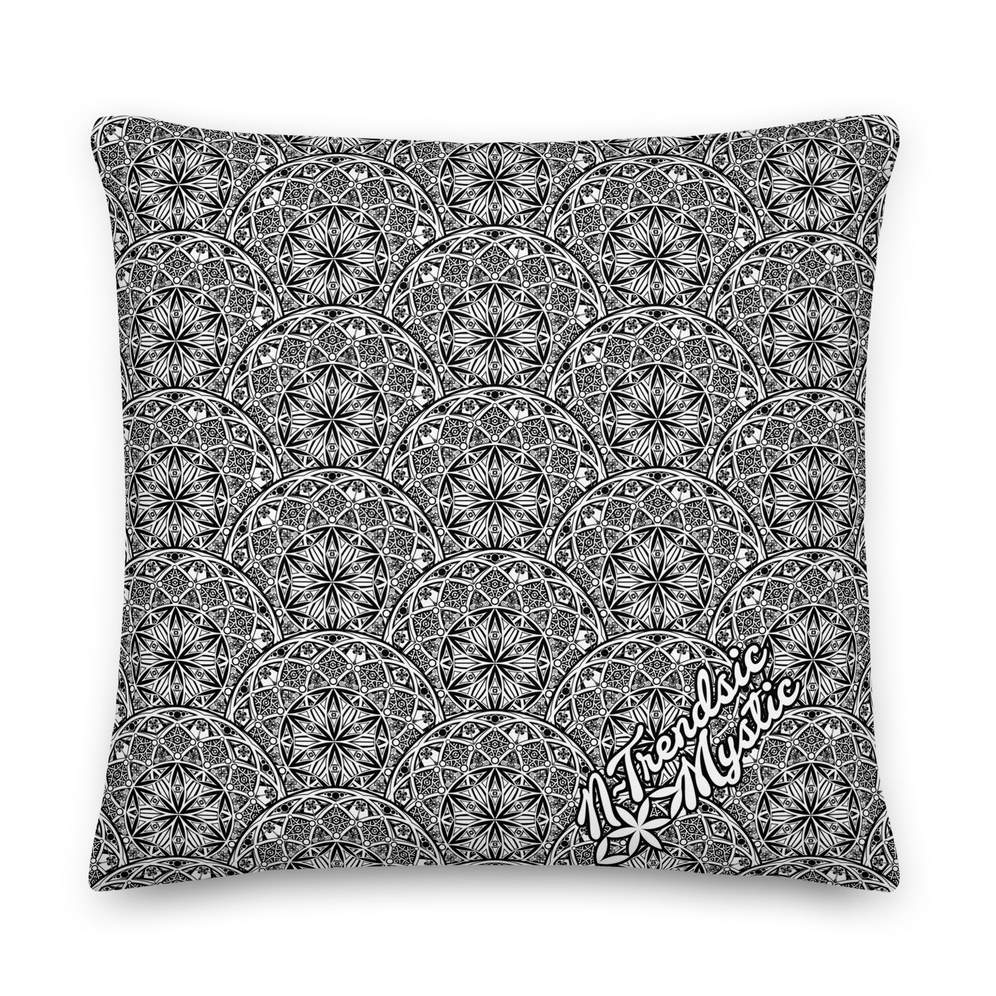 Mystic Eyes premium pillow — repeating sacred geometry mandala pattern with all-seeing eyes in black-and-white