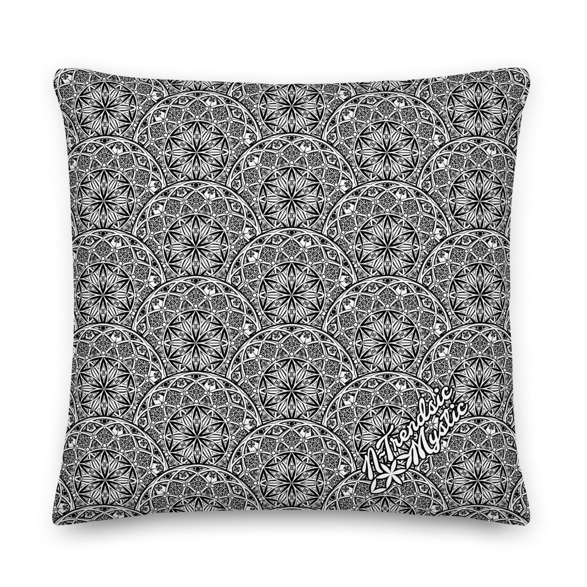 Mystic Eyes premium pillow — repeating sacred geometry mandala pattern with all-seeing eyes in black-and-white