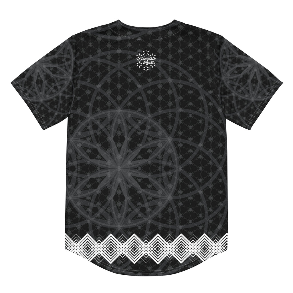 Black recycled baseball jersey with dark-grey sacred geometry print, white diamond hem trim, and NTrendSic Mystic branding.