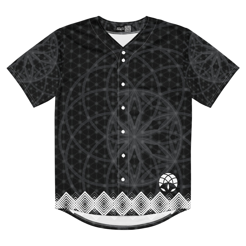 Black recycled baseball jersey with dark-grey sacred geometry print, white diamond hem trim, and NTrendSic Mystic branding.