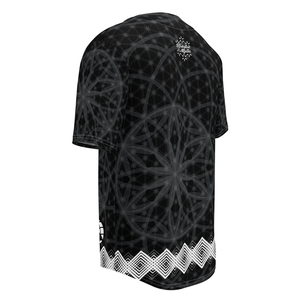 Black recycled baseball jersey with dark-grey sacred geometry print, white diamond hem trim, and NTrendSic Mystic branding.