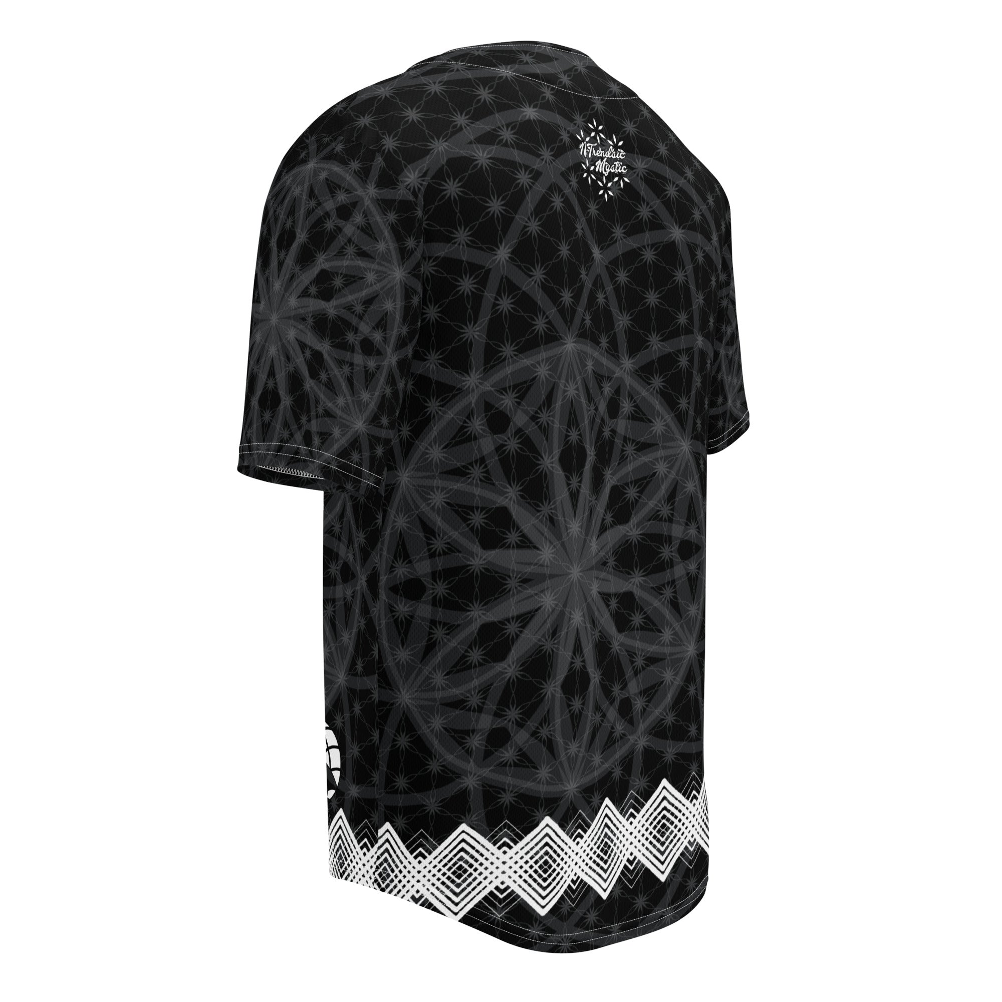Black recycled baseball jersey with dark-grey sacred geometry print, white diamond hem trim, and NTrendSic Mystic branding.