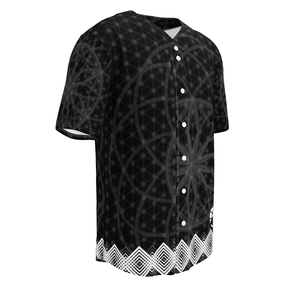 Black recycled baseball jersey with dark-grey sacred geometry print, white diamond hem trim, and NTrendSic Mystic branding.