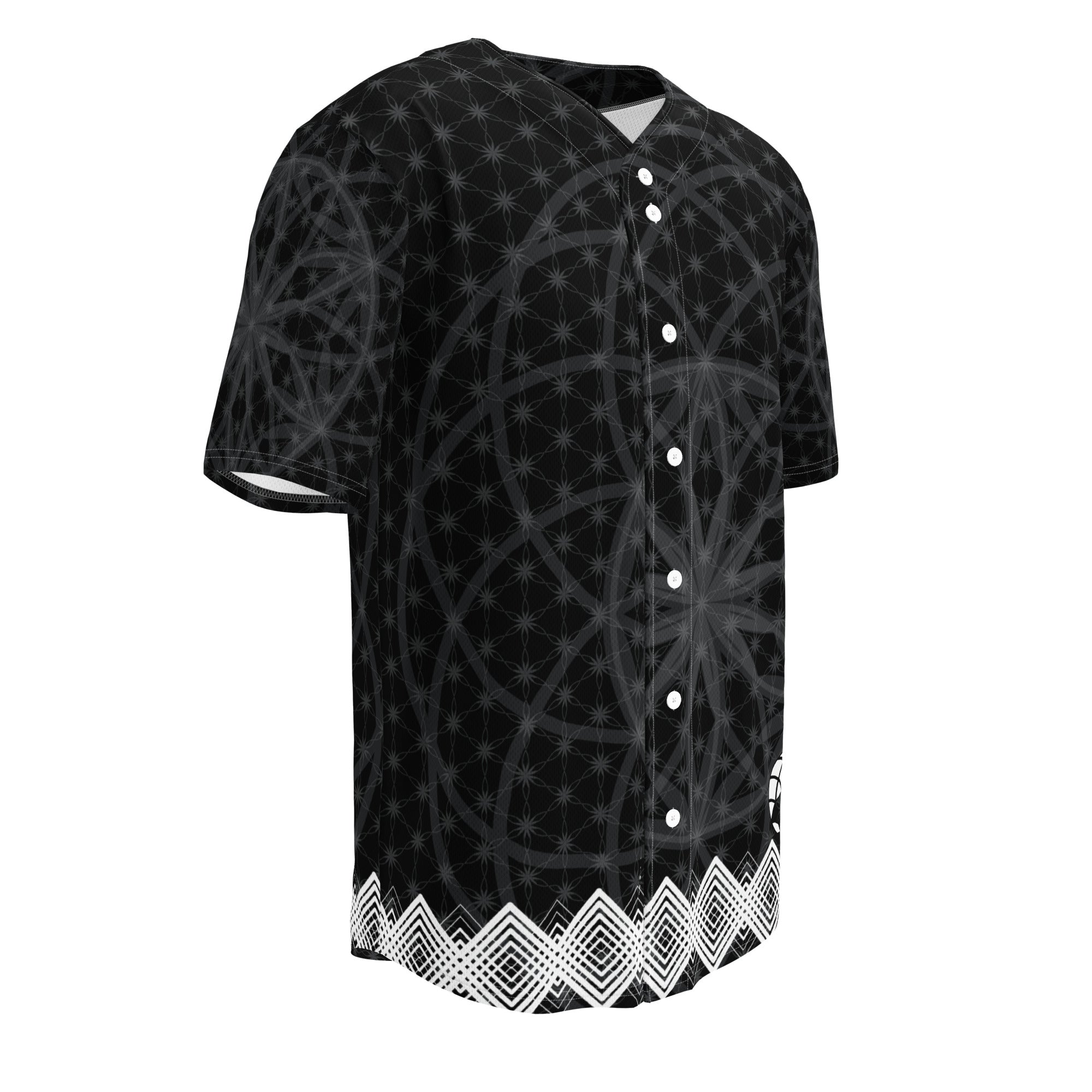 Black recycled baseball jersey with dark-grey sacred geometry print, white diamond hem trim, and NTrendSic Mystic branding.
