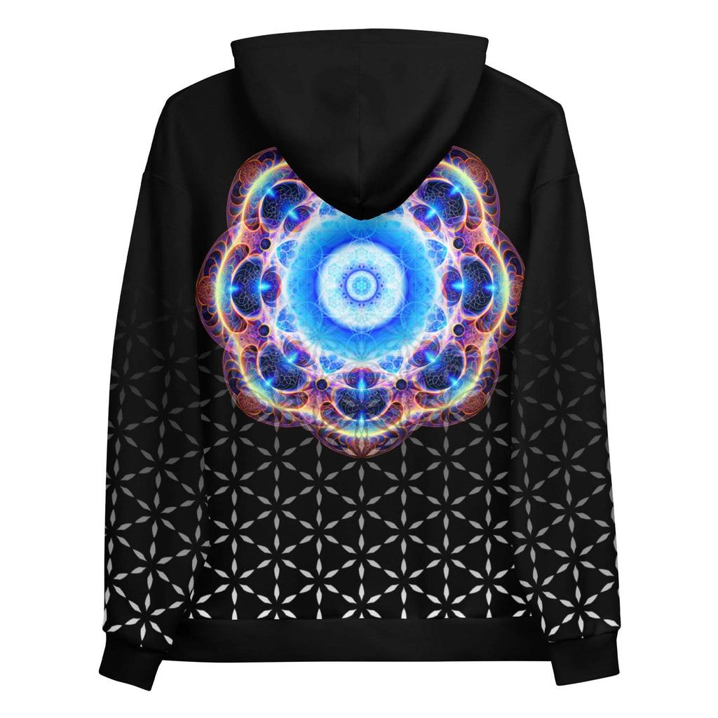 Sacred Blend unisex hoodie — blue mandala on Flower-of-Life field (front); Sacred Blend hoodie — back/side detail