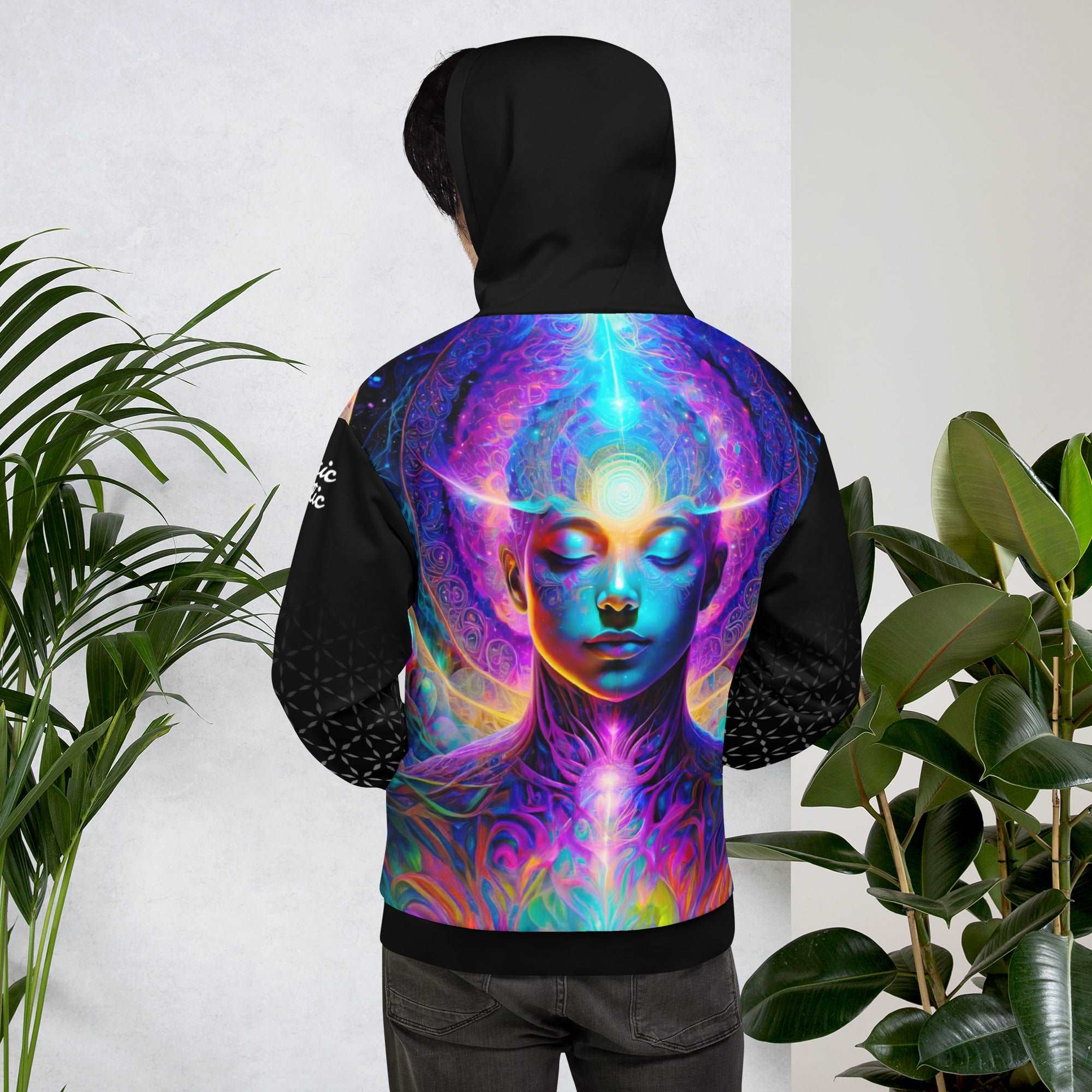 Mystic Contemplation hoodie — luminous awakened figure back art, flowing front geometry, sleeve Flower of Life detail, patterned hood lining