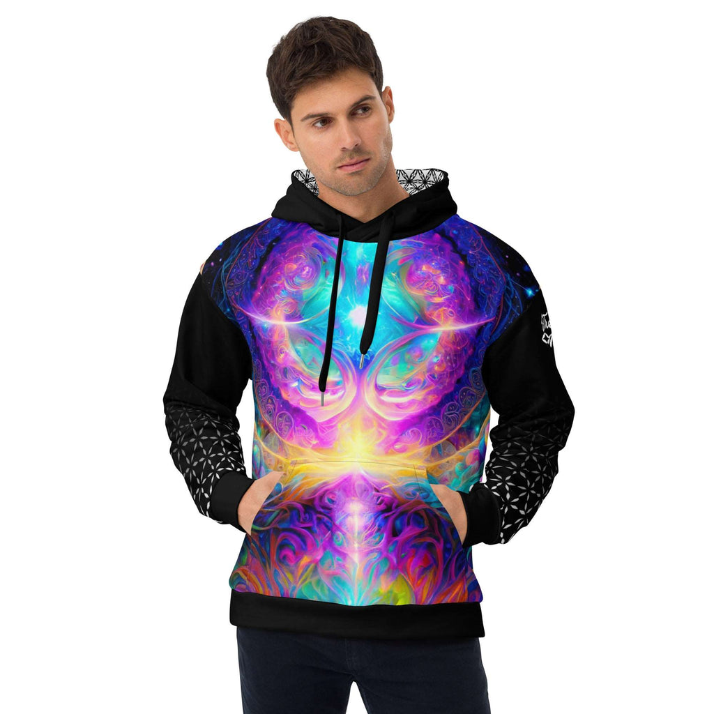 Mystic Contemplation unisex hoodie — fleece-lined with kangaroo pocket and sacred geometry hood print