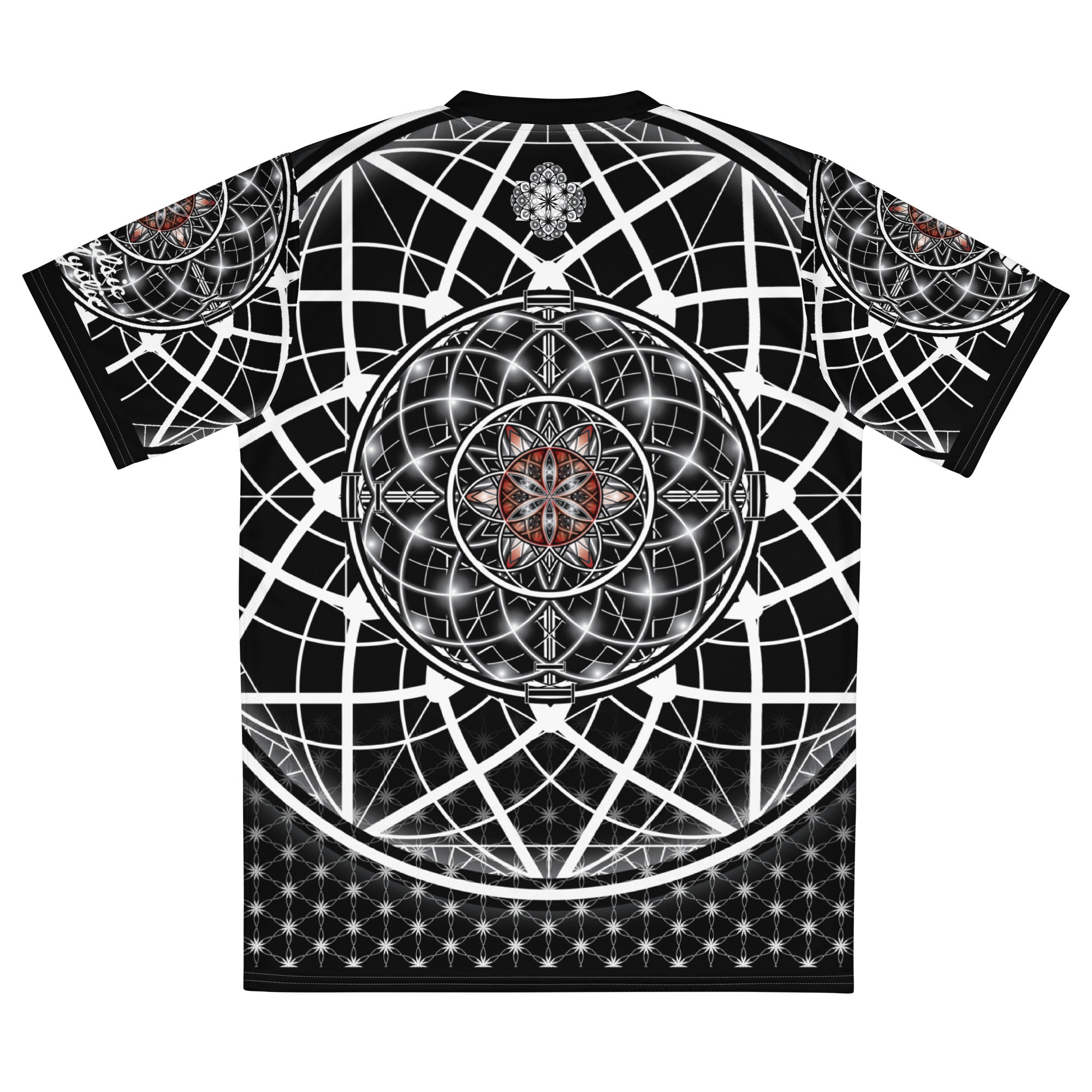 Black recycled unisex sports jersey with red and silver sacred geometry mandala, white grid lattice pattern, and V-neck collar.