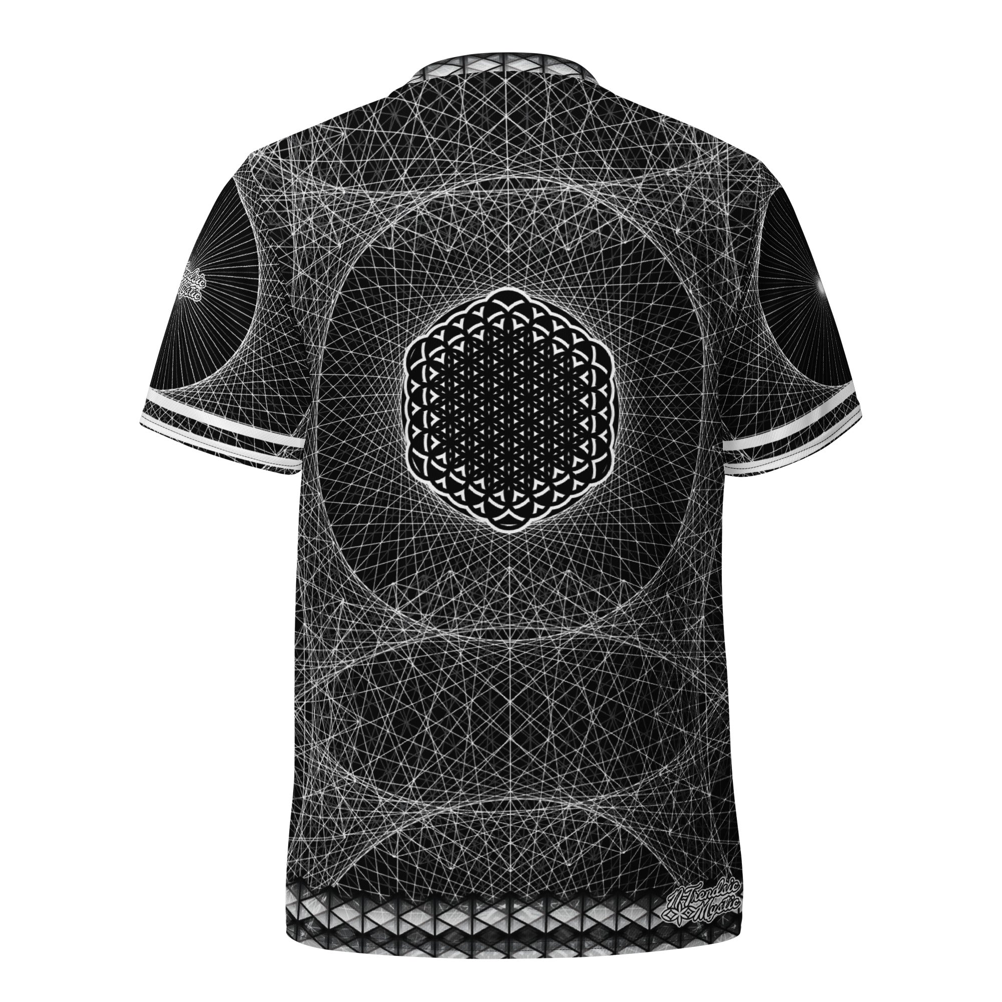 Recycled unisex sports jersey with black and white sacred geometry pattern, lightweight athletic fit with all over print design.