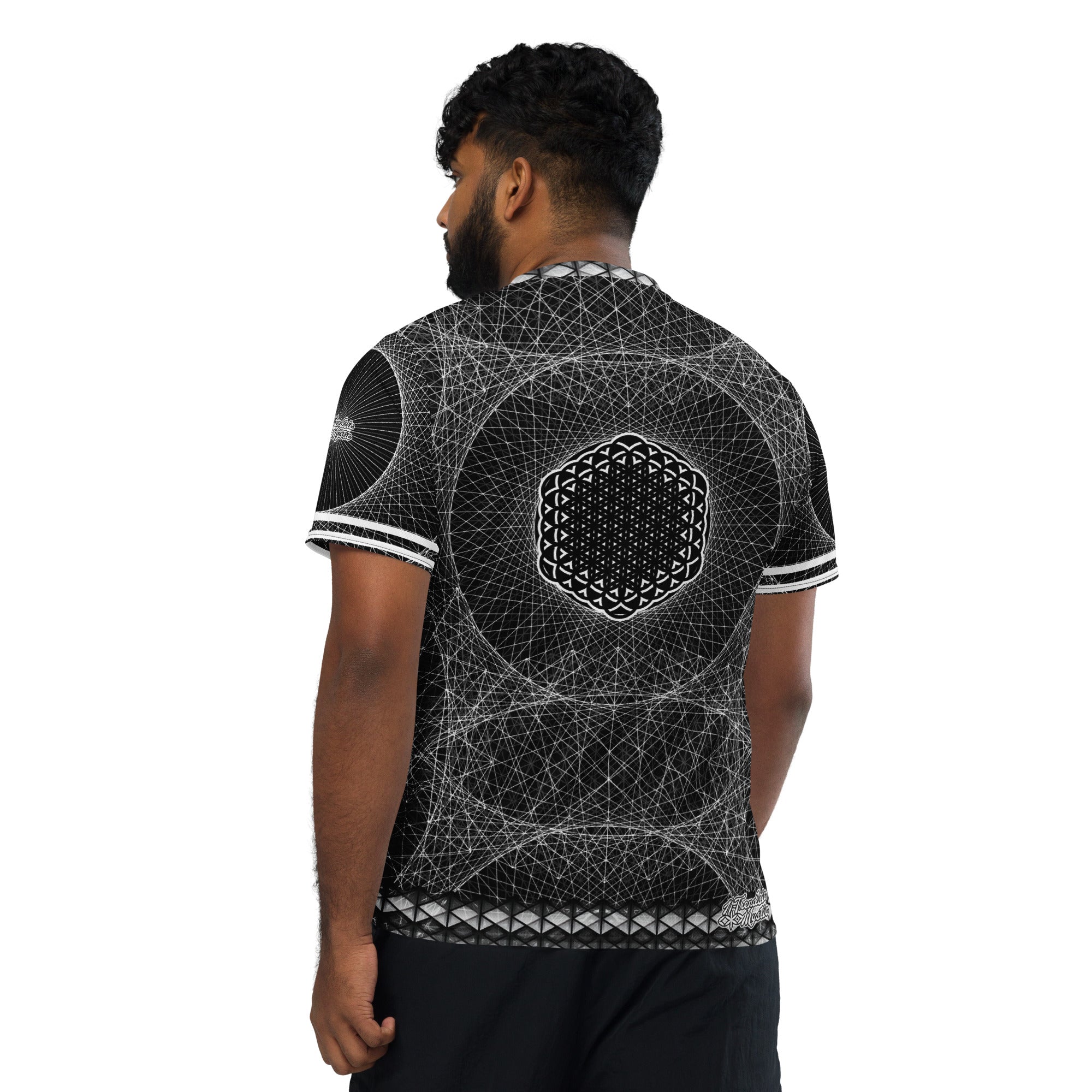Recycled unisex sports jersey with black and white sacred geometry pattern, lightweight athletic fit with all over print design.