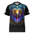 Unisex sports jersey with luminous heart sacred geometry print, black geometric fade hem, and NTrendSic Mystic branding on sleeves and back.