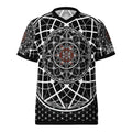 Black recycled unisex sports jersey with red and silver sacred geometry mandala, white grid lattice pattern, and V-neck collar.