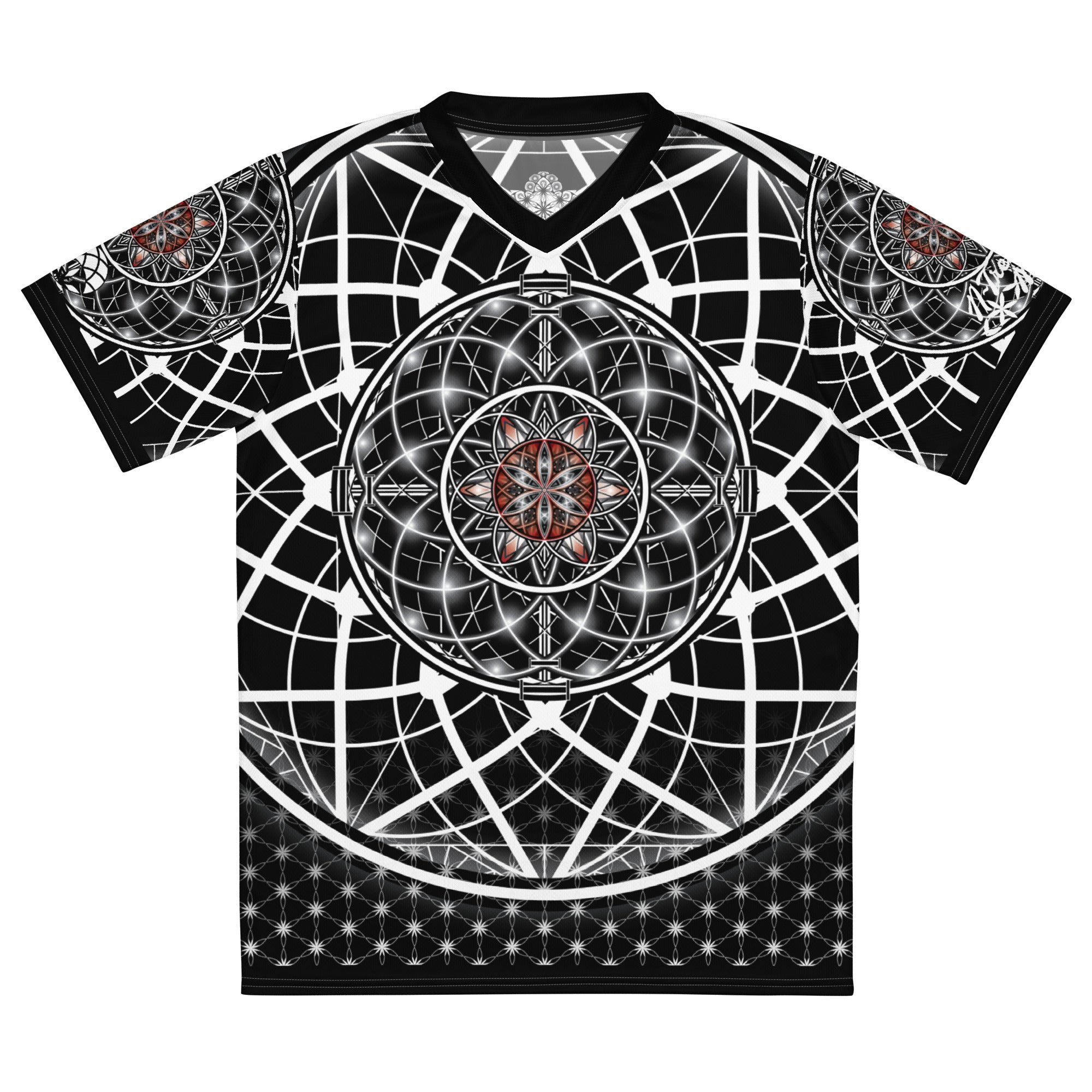 Black recycled unisex sports jersey with red and silver sacred geometry mandala, white grid lattice pattern, and V-neck collar.