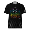 Unisex recycled polyester sports jersey with full-spectrum geometric design and double-layer V-neck collar.