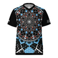 Quantum Bloom unisex sports jersey — black, red, and blue sacred geometry mandala with lattice pattern on breathable recycled fabric