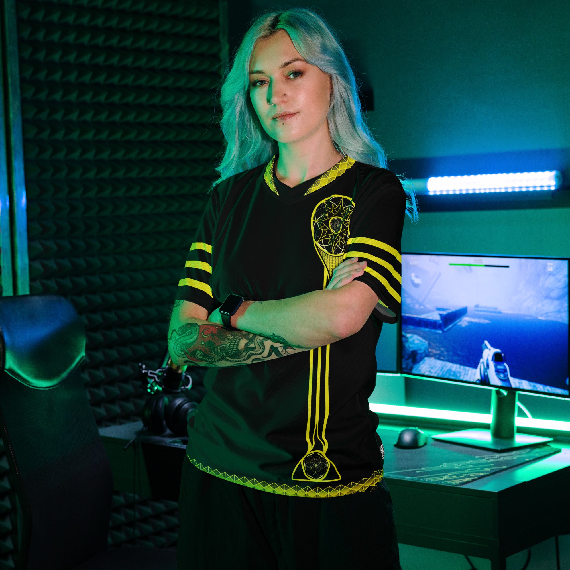 Product mockupNTM Solaris Prime sacred geometry recycled sports jersey, unisex fit, lightweight performance activewear