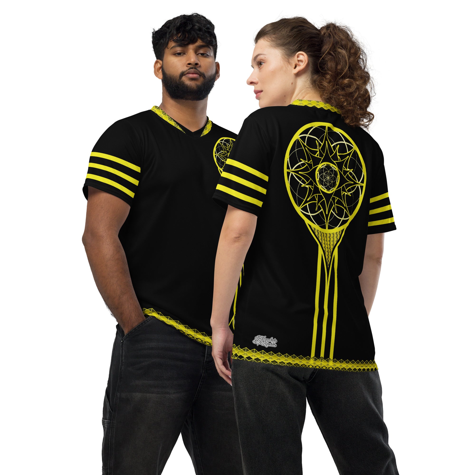 NTM Solaris Prime sacred geometry recycled sports jersey featuring geometric solar axis design, unisex performance activewear