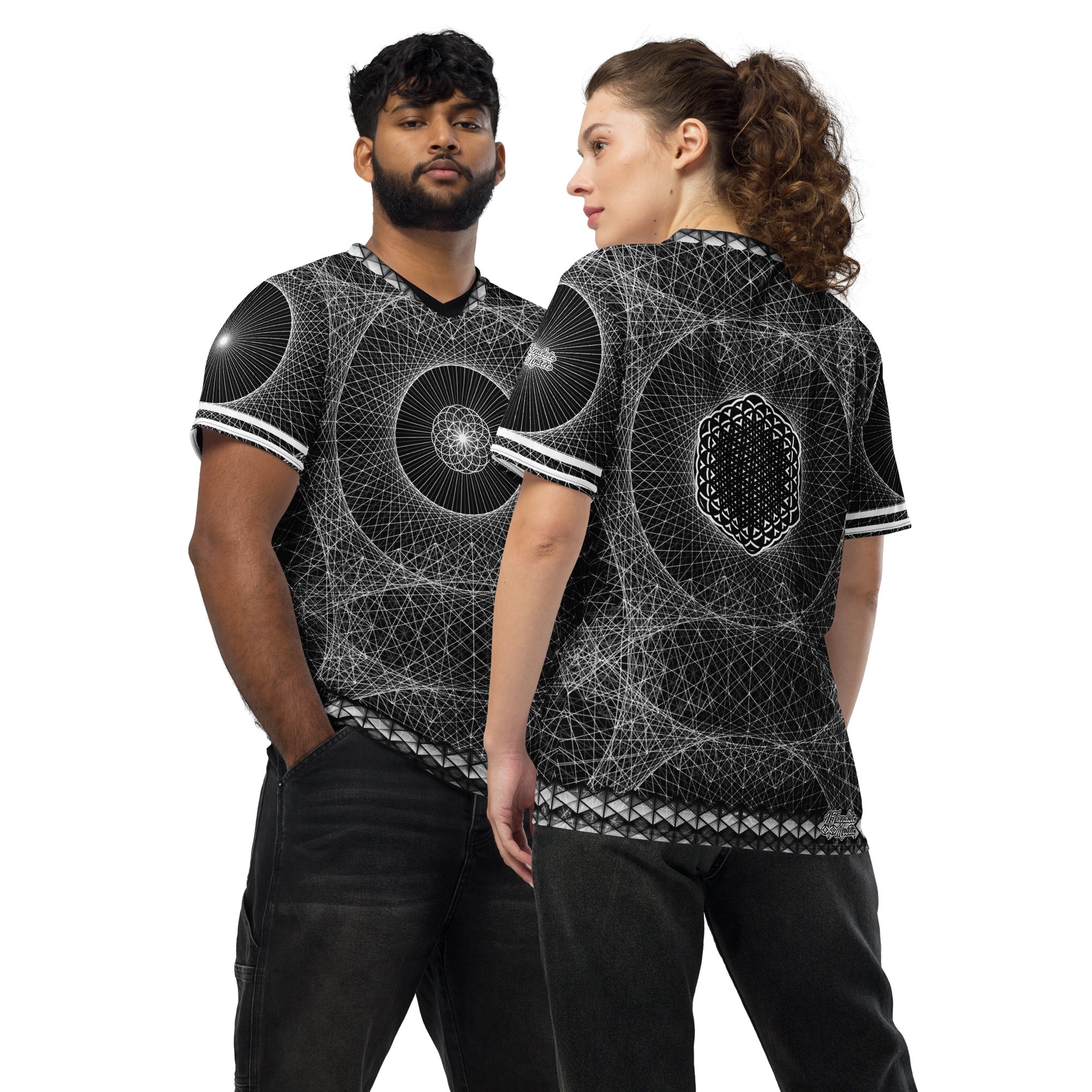 Recycled unisex sports jersey with black and white sacred geometry pattern, lightweight athletic fit with all over print design.