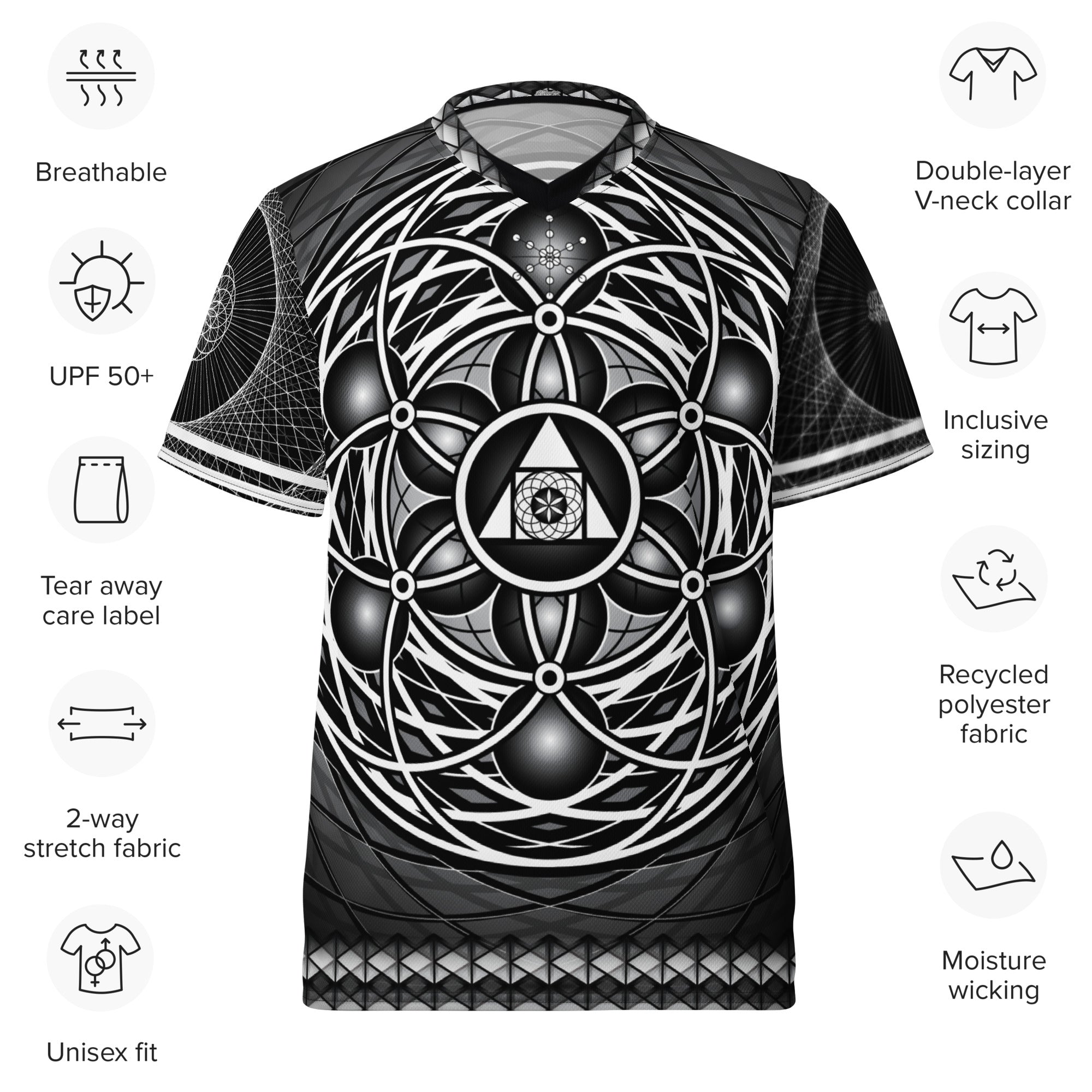 Black and white geometric t-shirt design with specs