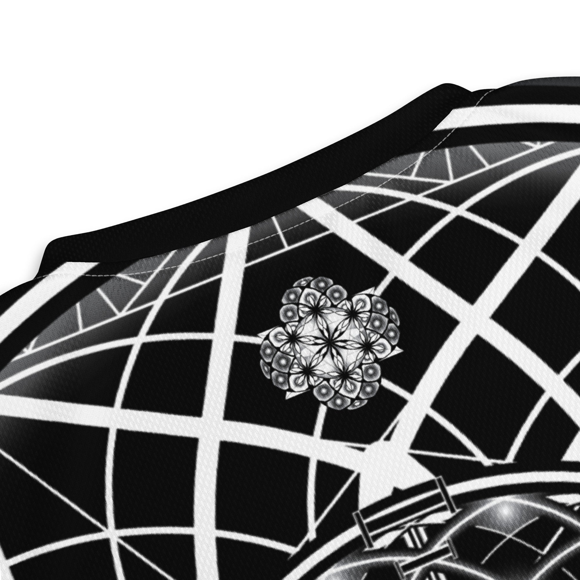 Black recycled unisex sports jersey with red and silver sacred geometry mandala, white grid lattice pattern, and V-neck collar.