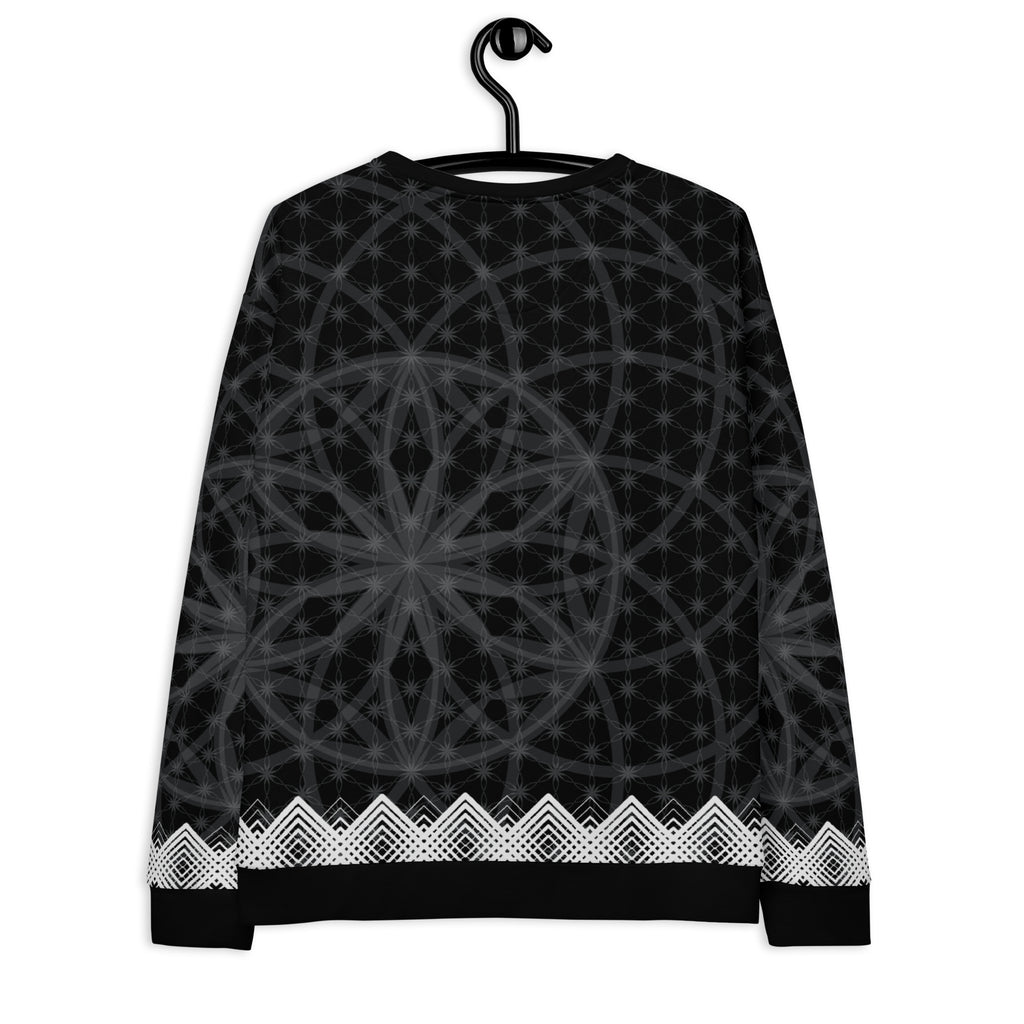 Unisex sweatshirt featuring all-over black-and-white Flower of Life pattern with white geometric border and NTrendSic Mystic logo.