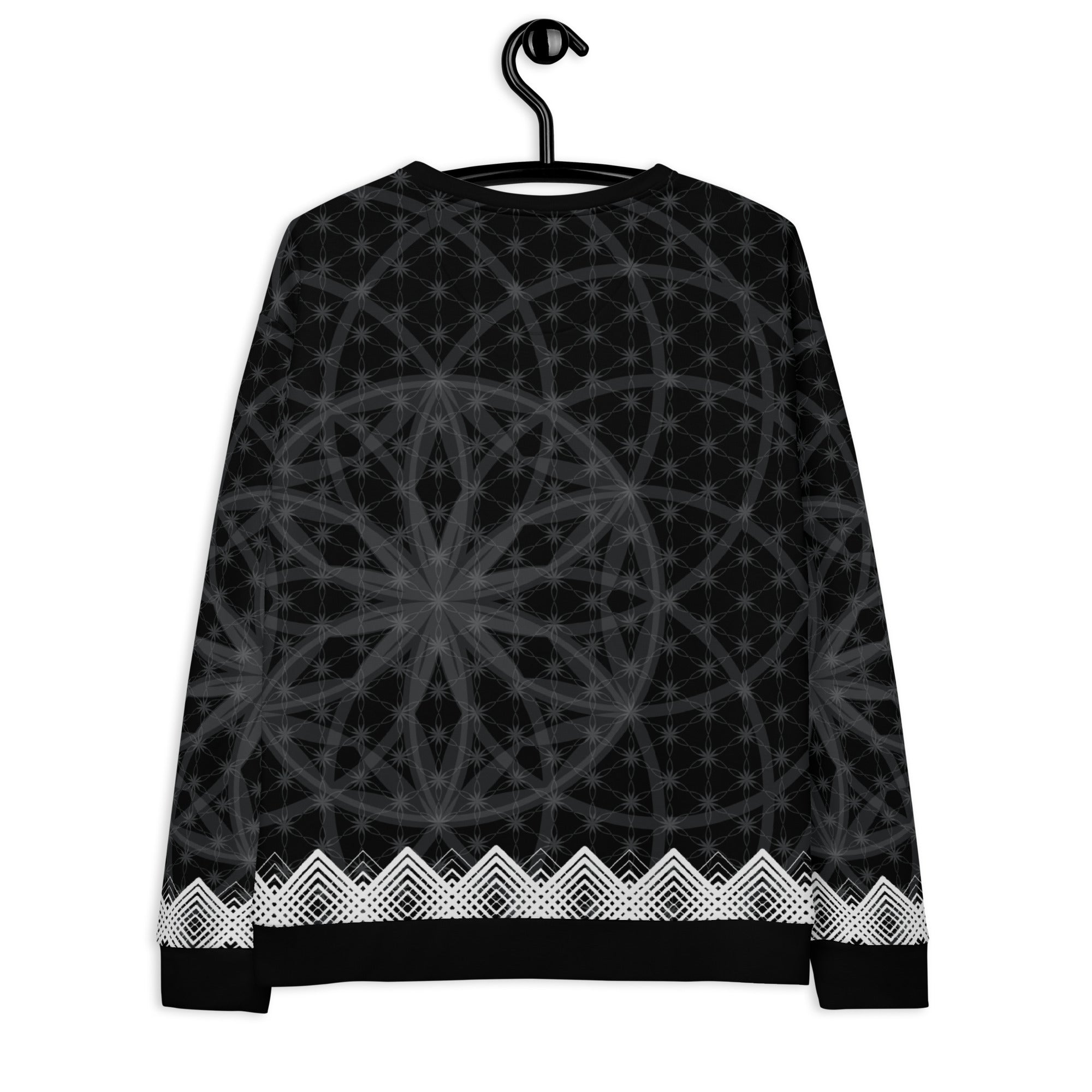 Unisex sweatshirt featuring all-over black-and-white Flower of Life pattern with white geometric border and NTrendSic Mystic logo.
