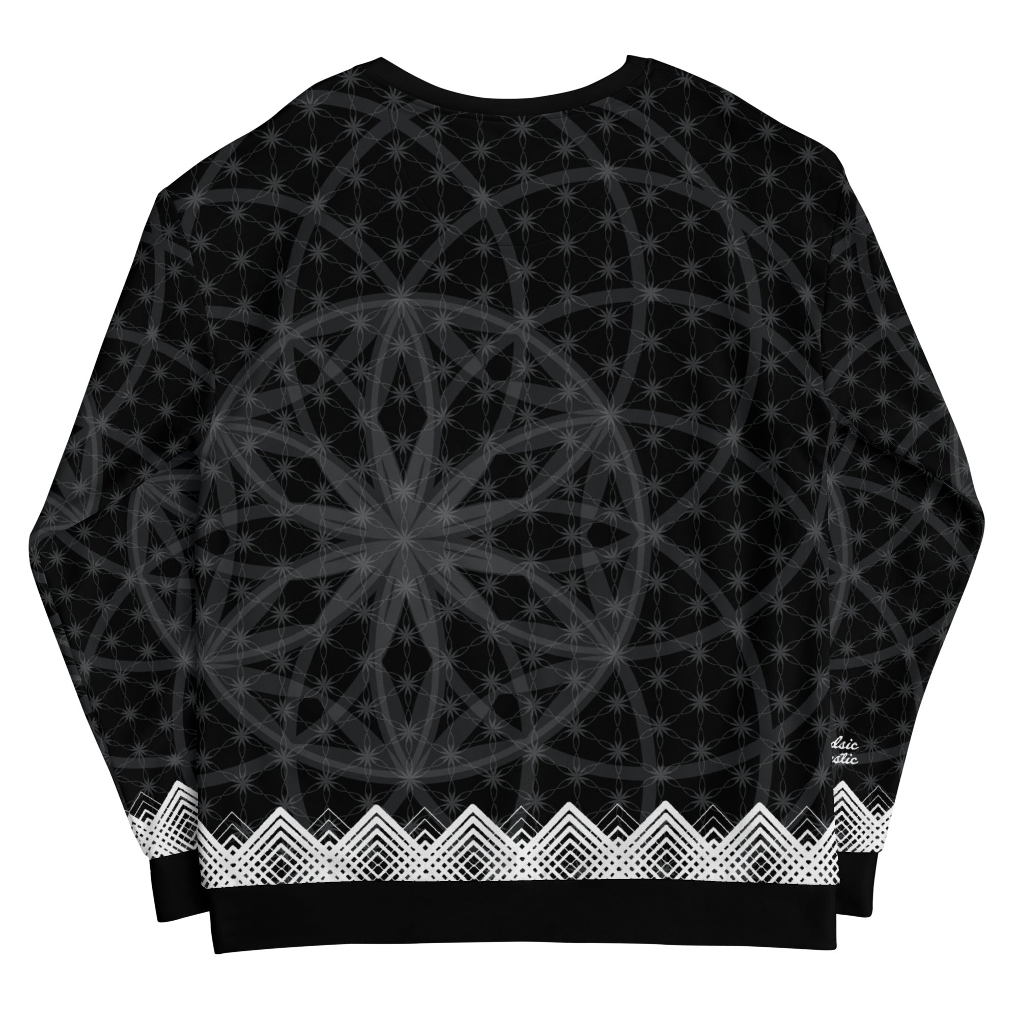 Unisex sweatshirt featuring all-over black-and-white Flower of Life pattern with white geometric border and NTrendSic Mystic logo.