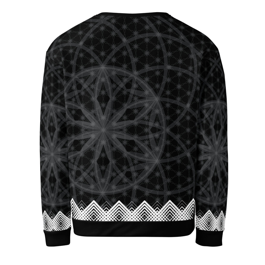 Unisex sweatshirt featuring all-over black-and-white Flower of Life pattern with white geometric border and NTrendSic Mystic logo.