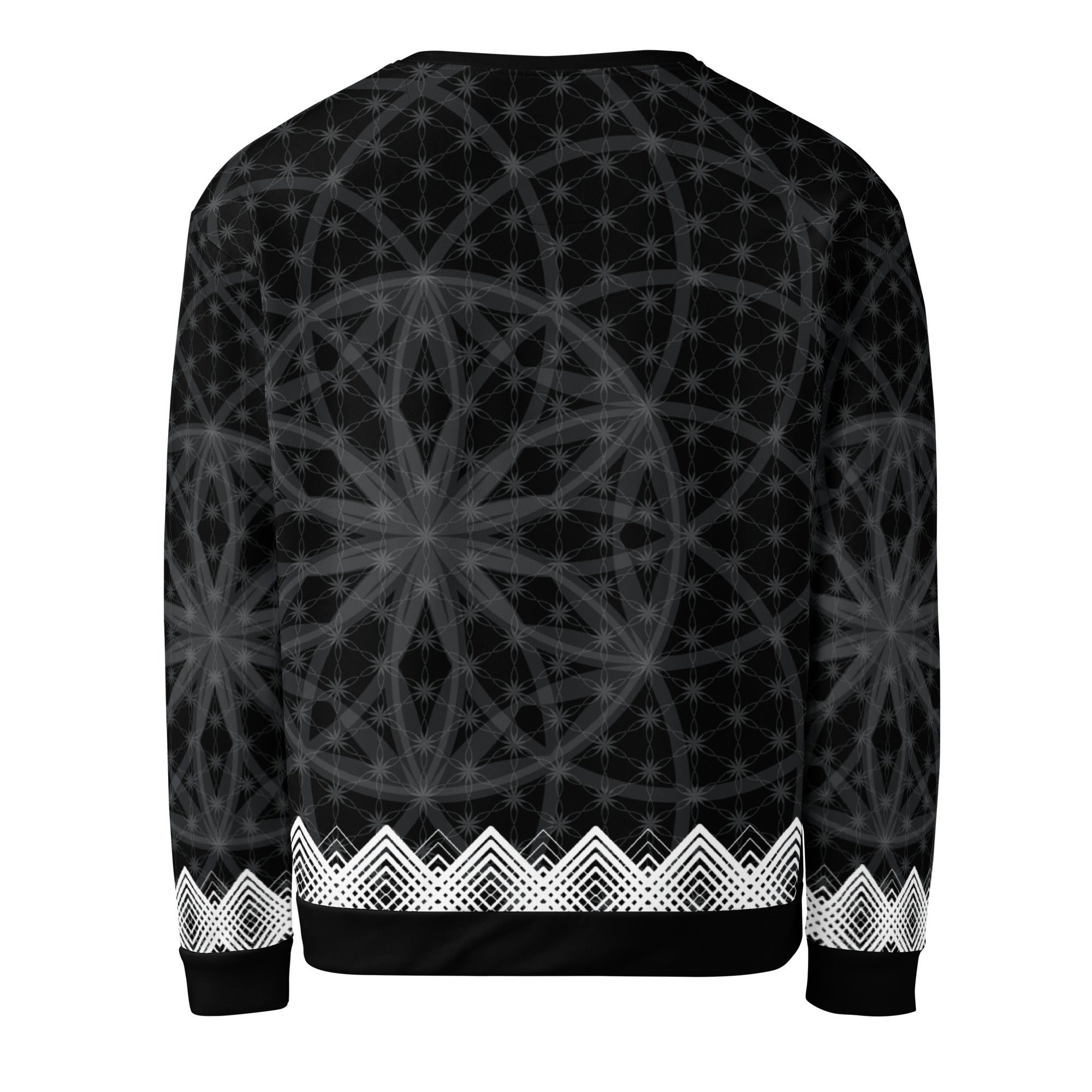 Unisex sweatshirt featuring all-over black-and-white Flower of Life pattern with white geometric border and NTrendSic Mystic logo.