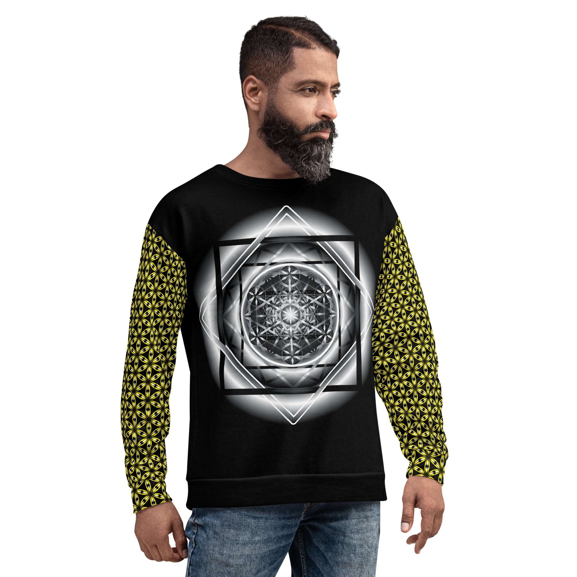 Mystic Mash unisex sweatshirt — collage graphic front; Fleece crewneck with mystic collage artwork