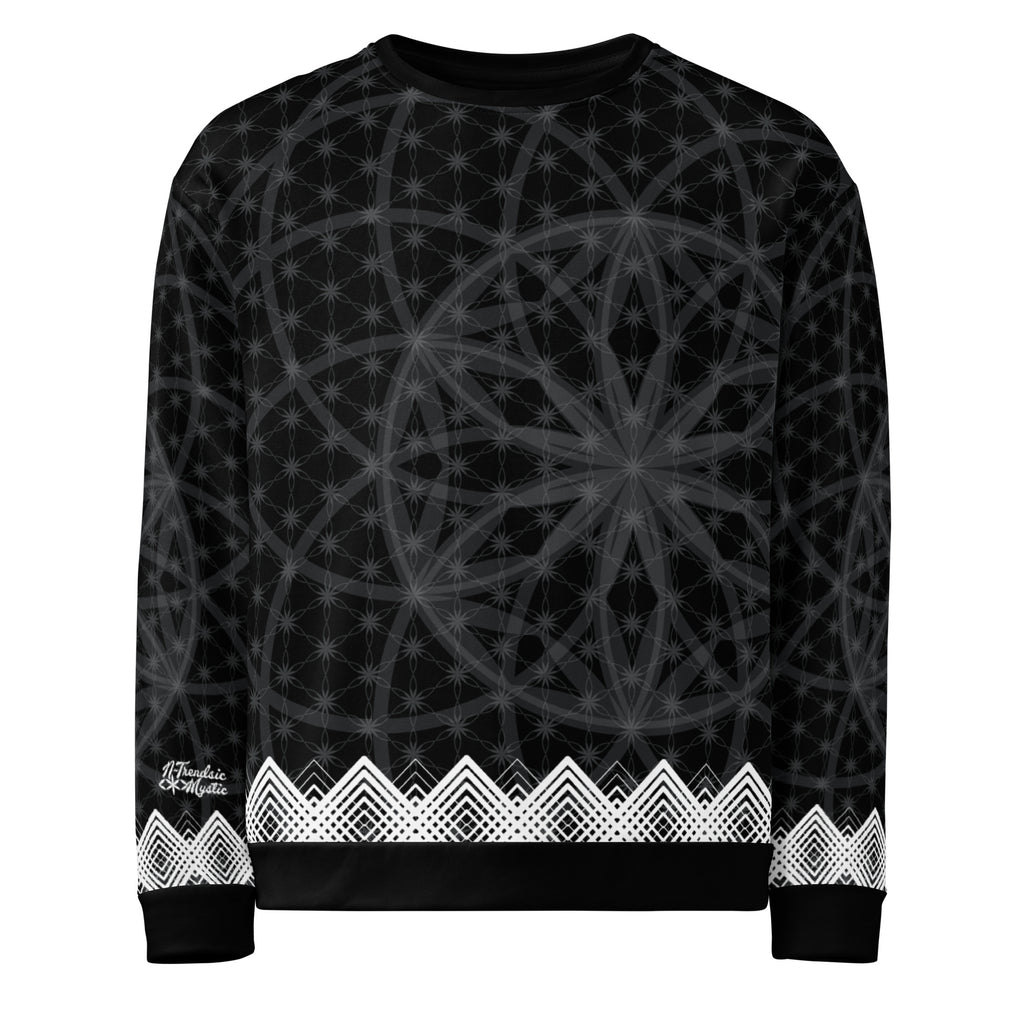 Unisex sweatshirt featuring all-over black-and-white Flower of Life pattern with white geometric border and NTrendSic Mystic logo.