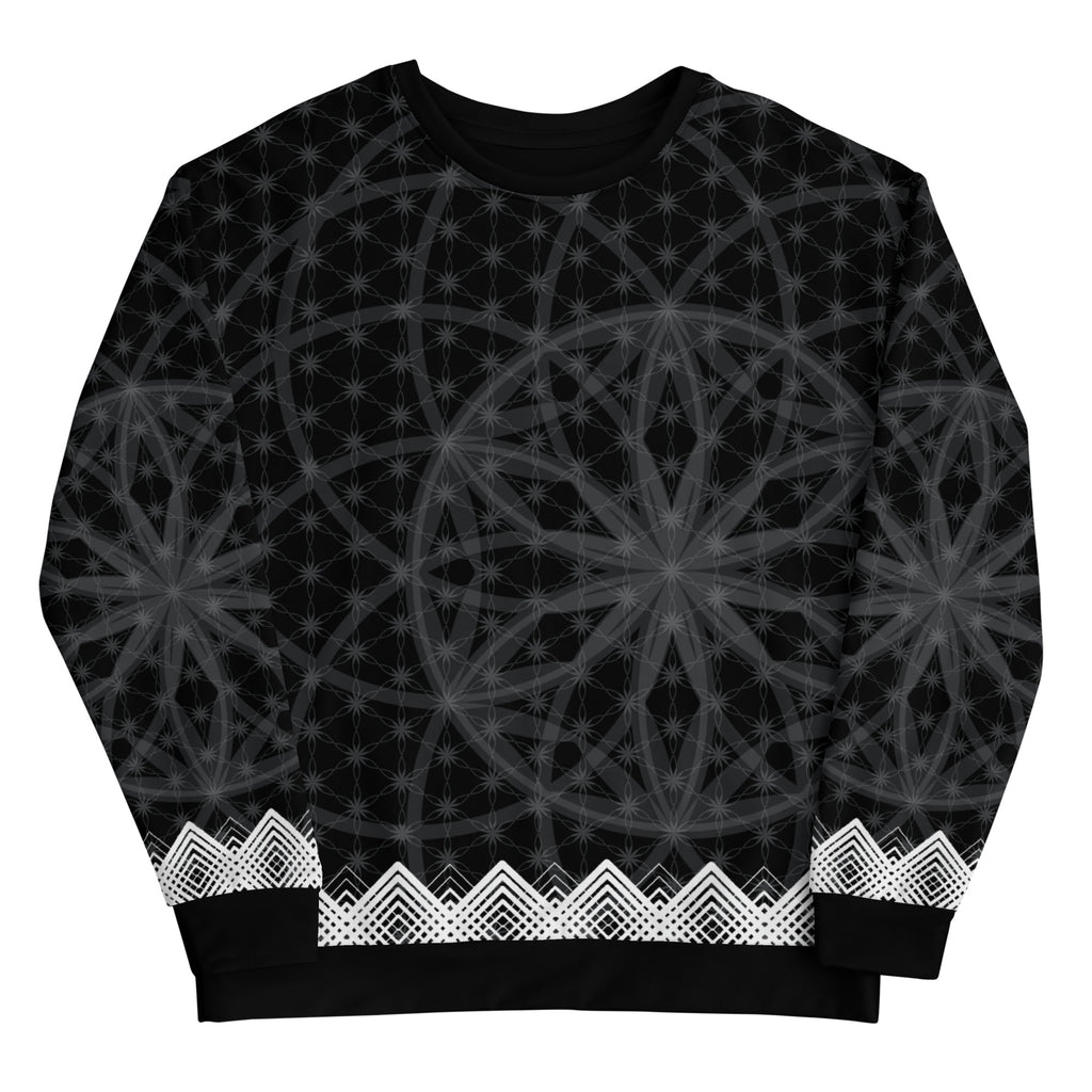 Unisex sweatshirt featuring all-over black-and-white Flower of Life pattern with white geometric border and NTrendSic Mystic logo.