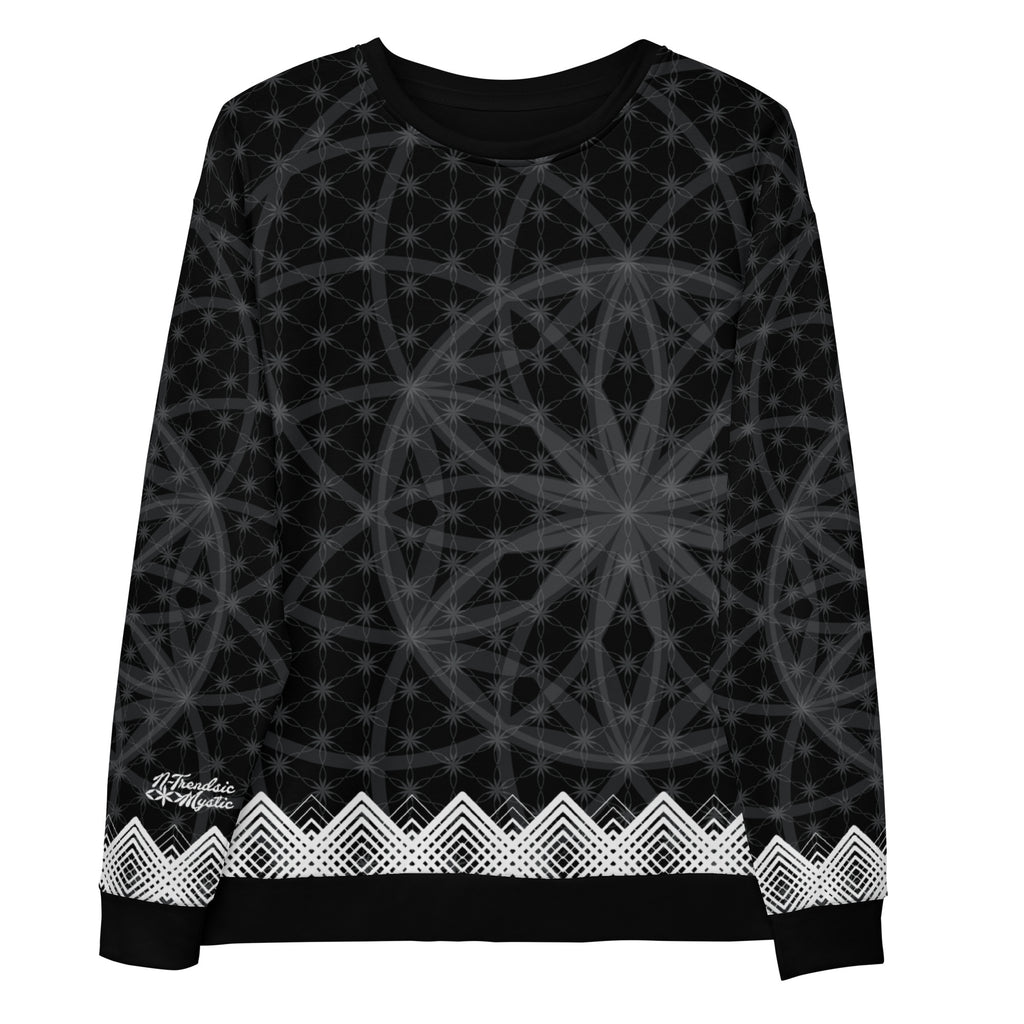 Unisex sweatshirt featuring all-over black-and-white Flower of Life pattern with white geometric border and NTrendSic Mystic logo.