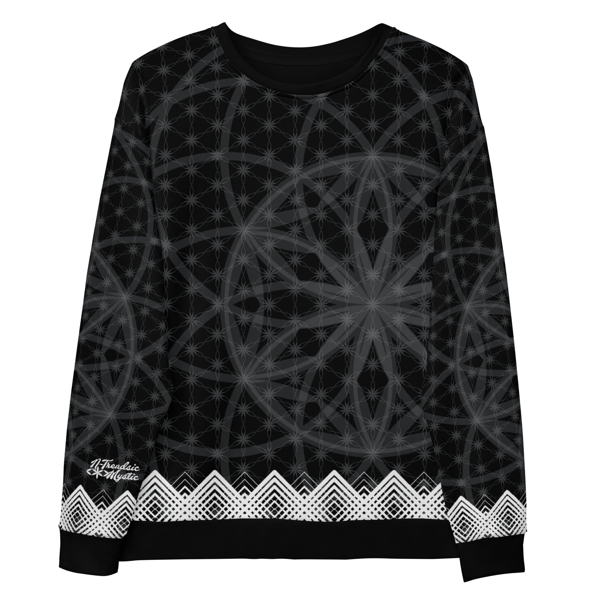 Unisex sweatshirt featuring all-over black-and-white Flower of Life pattern with white geometric border and NTrendSic Mystic logo.