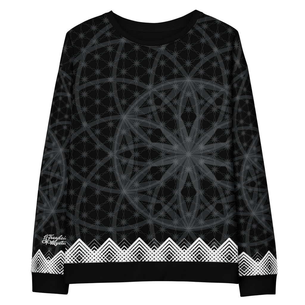 Unisex sweatshirt featuring all-over black-and-white Flower of Life pattern with white geometric border and NTrendSic Mystic logo.