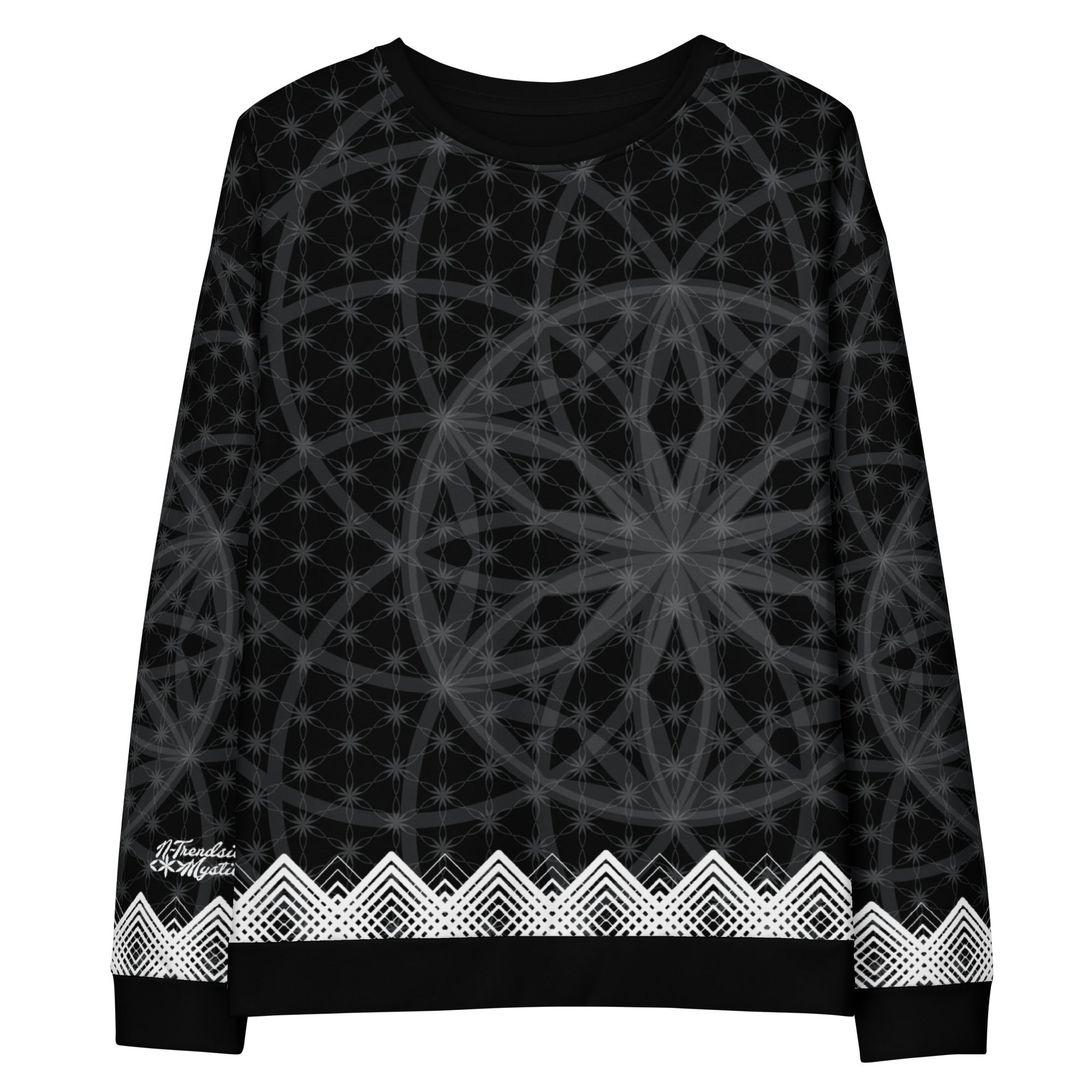 Unisex sweatshirt featuring all-over black-and-white Flower of Life pattern with white geometric border and NTrendSic Mystic logo.