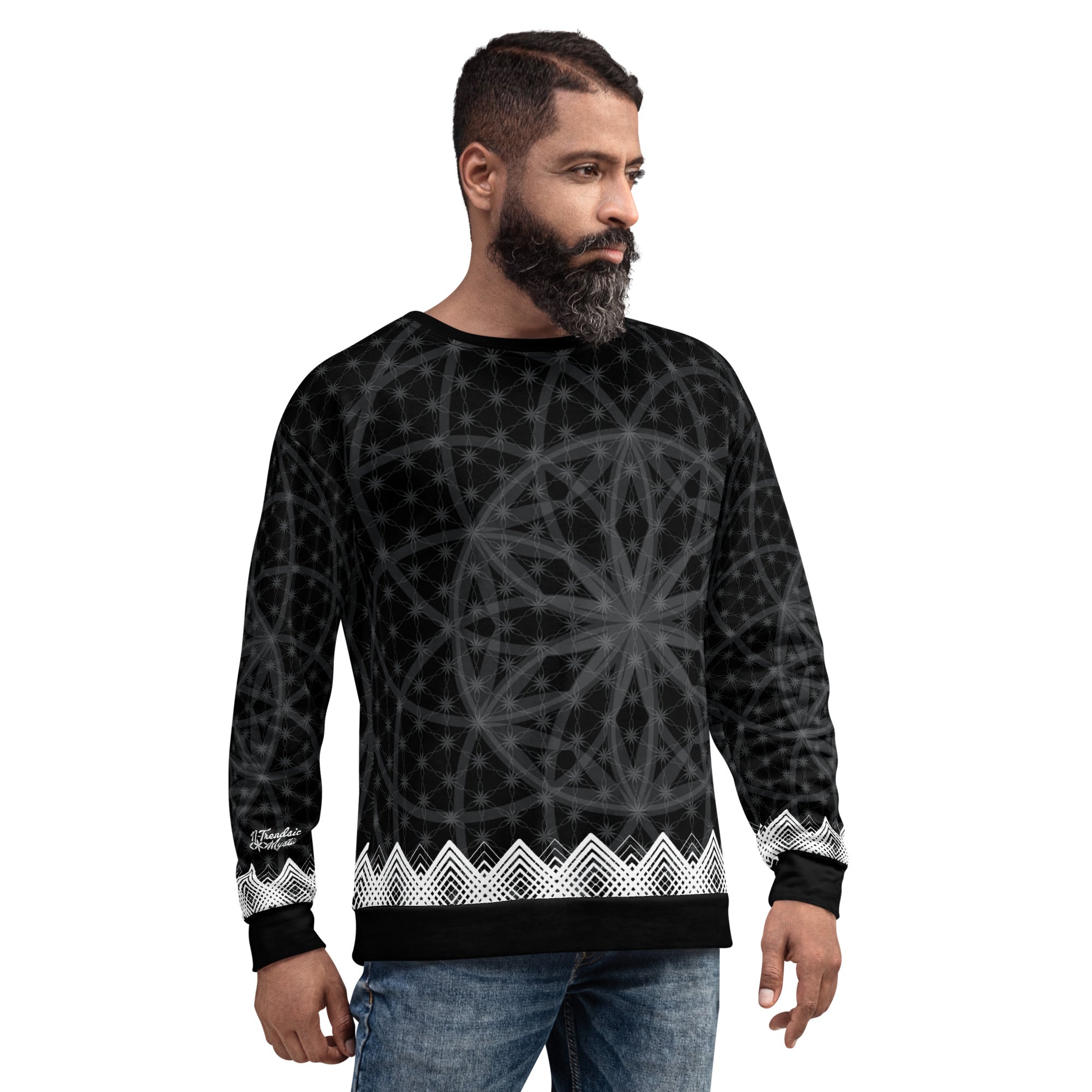 Unisex sweatshirt featuring all-over black-and-white Flower of Life pattern with white geometric border and NTrendSic Mystic logo.